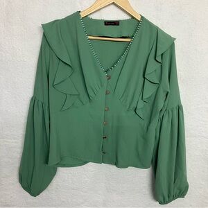 Unique Romantic Green Ruffle V-Neck Button Front Long Sleeve Top - 10